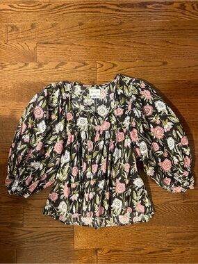 SAYLOR Black Floral Puff-Sleeve Blouse with Pink & White Flowers